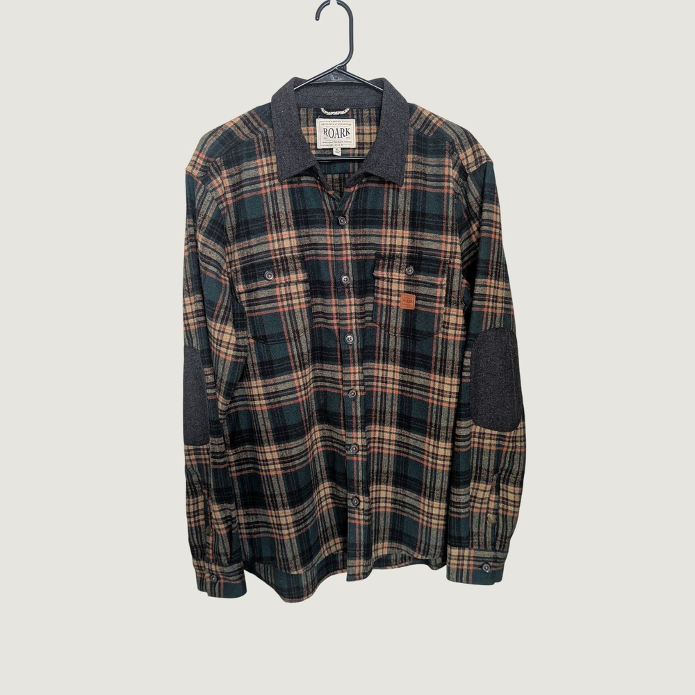 Roark Nordsman Mens Plaid Wool Blend Flannel Shirt Elbow Patches Green XL